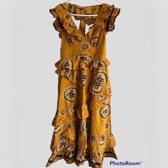 Anthropologie Gigi Gold Ruffled Boho Maxi Dress - Size M - Picture 3 of 13